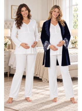 Effortt 8088 Laci Ekru Kadife Sabahlıklı Lohusa Pijama Takımı